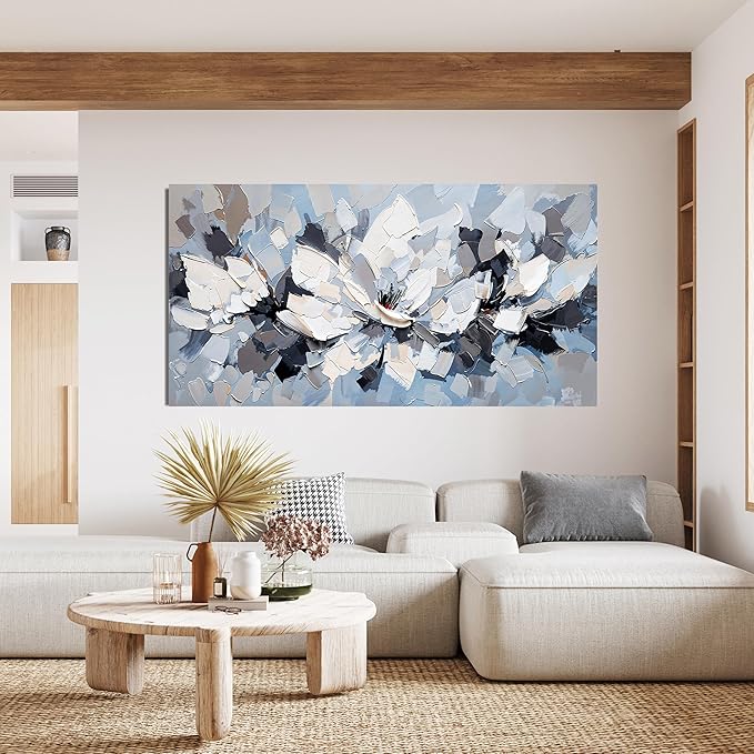 Abstract Canvas Wall Art Decor Large White Wall Art for Living Room Abstract Canvas Art Wall Decor Flower Pictures Oversized Blue Wall Art Prints Artwork for Walls Bedroom Office Decor 29" X58"