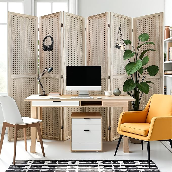 2 PCS Room Dividers 6 Panel Pegboard Display 5.6FT Wood PegBoard Room Divider,Folding Privacy Screens Portable Freestanding Partition Wall Divider for Art Shows & Room Separation, Natural Wood