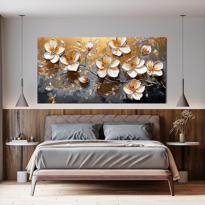 Canvas Wall Art Decor Large Wall Art Pictures for Living Room Canvas Art Wall Decor Large Artwork for Walls Vintage Floral Wall Art Decor White Gold Wall Art Prints for Home Office Wall Decor 29"X58"