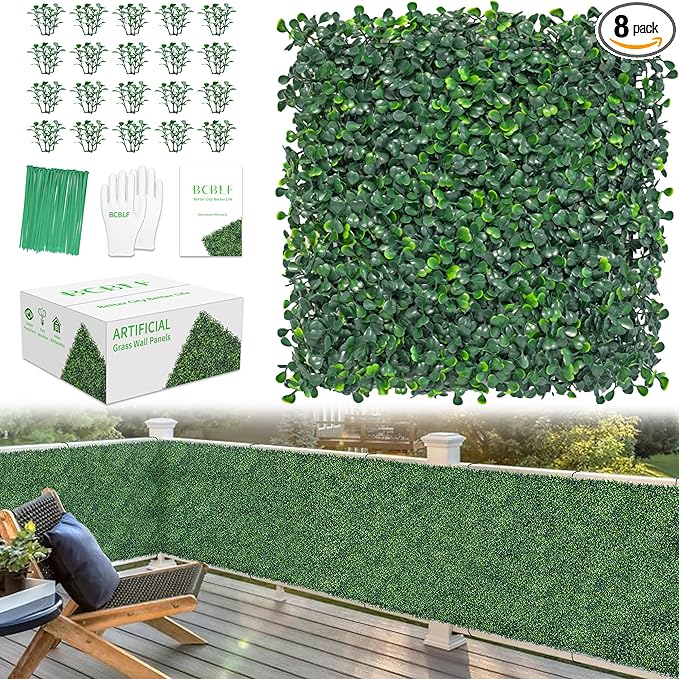 10x10Inch 8Pcs Grass Wall Panels, 4 Layers UV-Anti Boxwood Greenery Hedge with 50 Zip Ties, No Odor Artificial Fake Grass Backdrop for Indoor Outdoor Privacy, Birthday Wedding Decor, 5.6 SQ FT