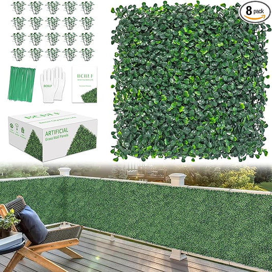 10x10Inch 8Pcs Grass Wall Panels, 4 Layers UV-Anti Boxwood Greenery Hedge with 50 Zip Ties, No Odor Artificial Fake Grass Backdrop for Indoor Outdoor Privacy, Birthday Wedding Decor, 5.6 SQ FT