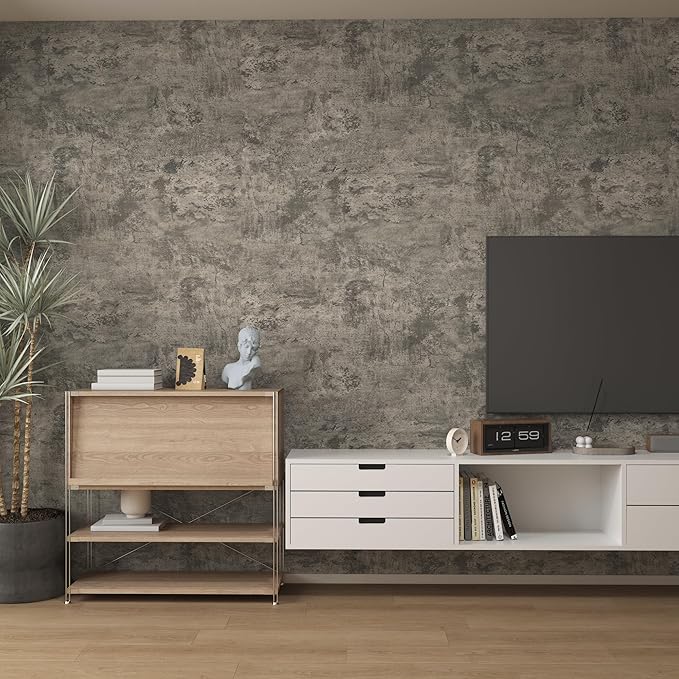 16"×1181" Extra Thick Large Size Light Brown Grey Concrete Wallpaper Peel and Stick Industrial Brown Gray Concrete Contact Paper Removable Vinyl Cement Sticker for Office Room Bedroom Gym Walls