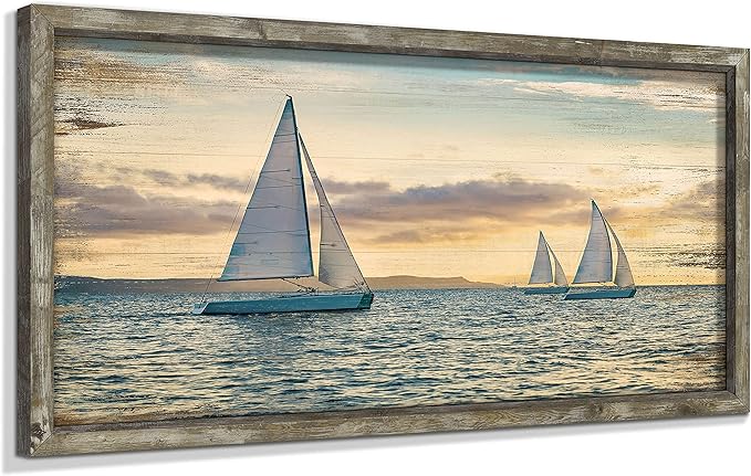 Coastal Framed Wooden Wall Art: Ocean Painting Art Sail Boats Artwork Decor Sunset Seascape Picture Prints for Bedroom 24"x12"