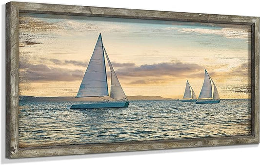 Coastal Framed Wooden Wall Art: Ocean Painting Art Sail Boats Artwork Decor Sunset Seascape Picture Prints for Bedroom 24"x12"