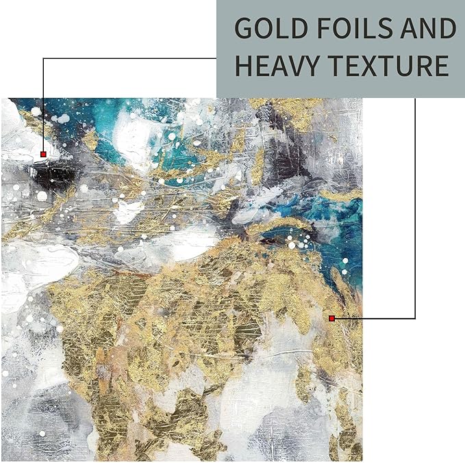 Abstract Canvas Framed Wall Art: Blue White Accent Minimalist Painting Navy Modern Textured Prints Glitter Gold Foil Artwork for Living Room Bedroom