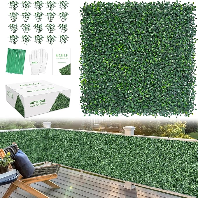 20x20Inch 9Pcs Grass Wall Panels, 4 Layers UV-Anti Boxwood Greenery Hedge with 50 Zip Ties, No Odor Artificial Fake Grass Backdrop Indoor Outdoor Privacy, Birthday Wedding Decor, 25 SQ FT