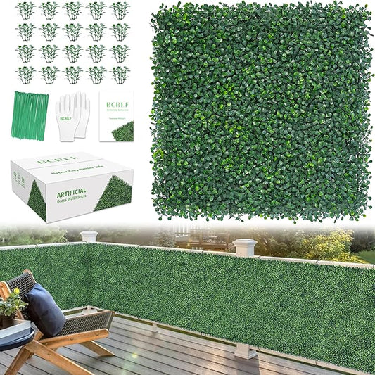 20x20Inch 9Pcs Grass Wall Panels, 4 Layers UV-Anti Boxwood Greenery Hedge with 50 Zip Ties, No Odor Artificial Fake Grass Backdrop Indoor Outdoor Privacy, Birthday Wedding Decor, 25 SQ FT