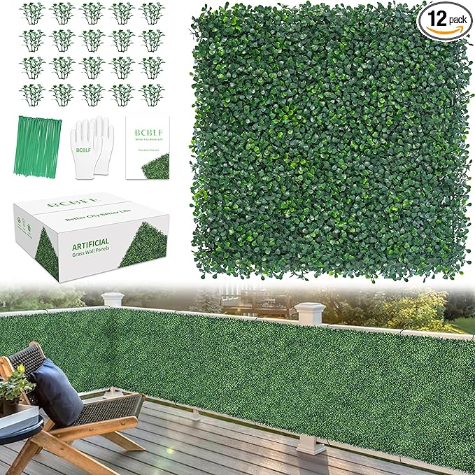 20x20Inch 12Pcs Grass Wall Panels, 4 Layers UV-Anti Boxwood Greenery Hedge with 50 Zip Ties, No Odor Artificial Fake Grass Backdrop Indoor Outdoor Privacy, Birthday Wedding Decor, 33 SQ FT