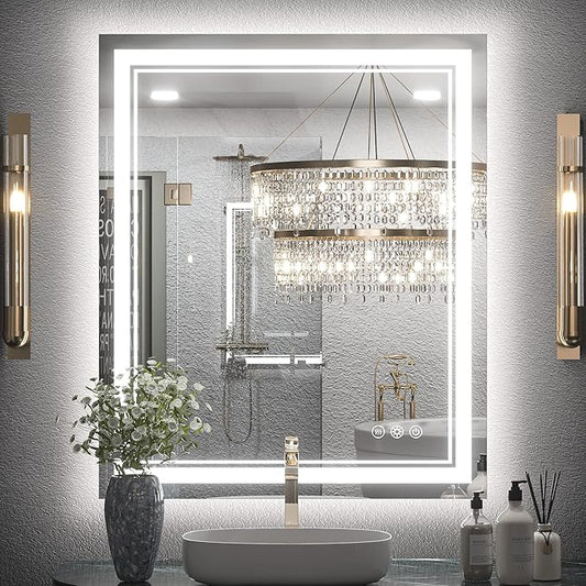 Keonjinn LED Bathroom Mirror 30 x 36 Inch with Front and Back Light, Stepless 3 Colors Temperature & Dimmable Backlit Mirror, UL Listed LED Driver, Double Lights Tempered Glass LED Wall Vanity Mirror