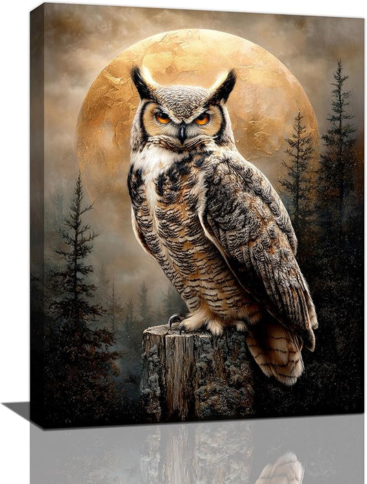 Cabin Owl Wall Art Moon and Forest Canvas Wall Decor Rustic Animal Pictures Paintings Prints Mystical Wildlife Artwork Framed Decorations For Bathroom Bedroom Living Room Office Gifts 12" x 16"