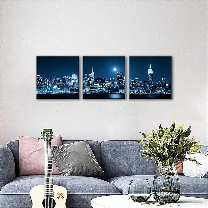 NAN Wind 3-Piece Modern Manhattan Night Skyline Canvas Art Blue Moon Urban Cityscape Wall Decor Contemporary NYC-Inspired Night View Panoramic Prints Framed City Canvas Set for Home Office Living Room