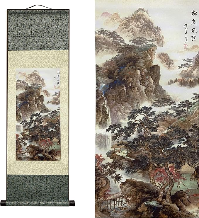 AtfArt Asian Wall Decor - Beautiful Silk Scroll Painting of Waterfall River Landscape - Songting Qingfeng Oriental Decor Chinese Art Wall Scroll (36.2 x 12 in)