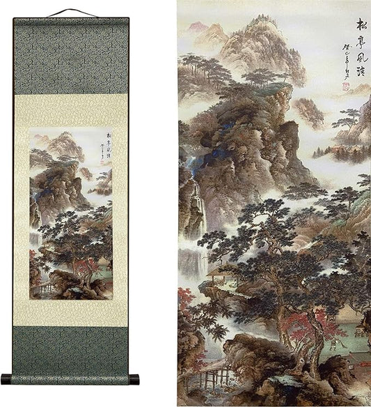 AtfArt Asian Wall Decor - Beautiful Silk Scroll Painting of Waterfall River Landscape - Songting Qingfeng Oriental Decor Chinese Art Wall Scroll (36.2 x 12 in)
