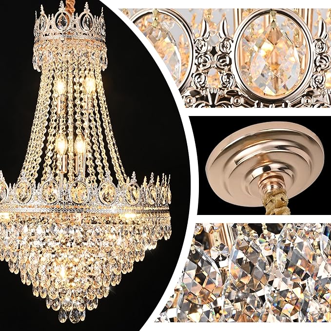 KoKo&Yukina Gold 23.6" French Empire Crystal Chandelier 14 Lights K9 Crystal Chandeliers Modern Farmhouse Crystal Chandeliers Adjustable Hanging Chandelier for Living Room Dining Room Bedroom