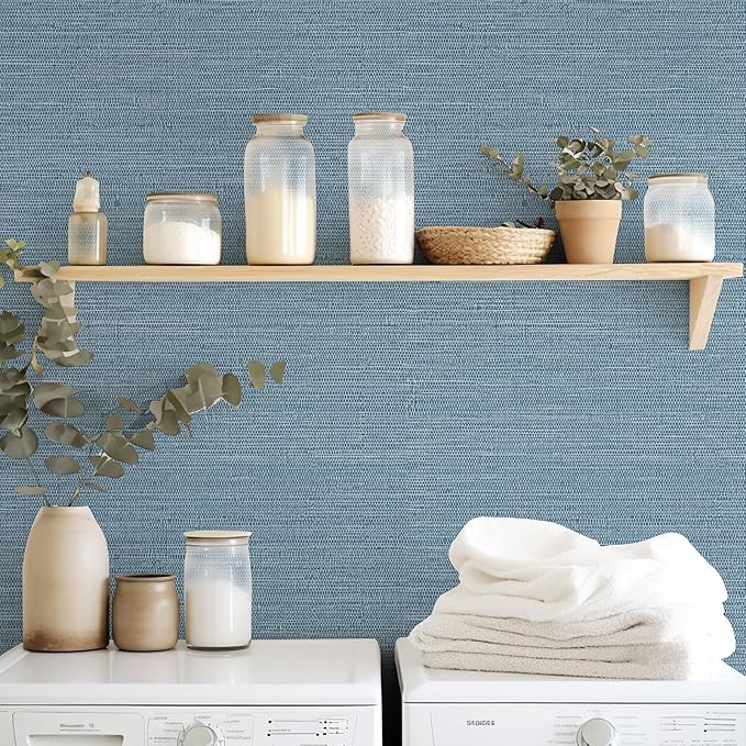 JiffDiff Grasscloth Wallpaper Peel and Stick Blue Grassweave Stick on Wallpaper Textured Self Adhesive Wall Paper Contact Paper 17.3"x472"