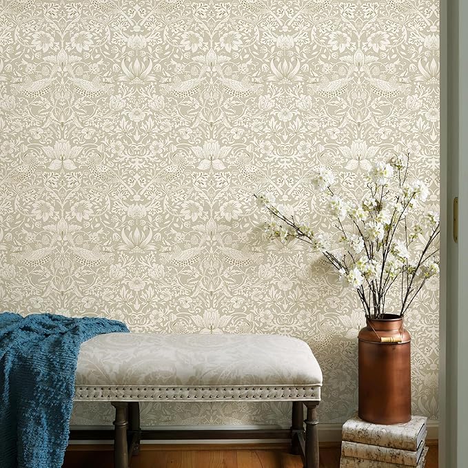 17.7x118in William Morris Wallpaper Peel and Stick Vintage Floral Wallpaper Neutral Strawberry Bird Self Adhesive Contact Paper Waterproof for Bedroom Bathroom Cabinets Drawers Decor