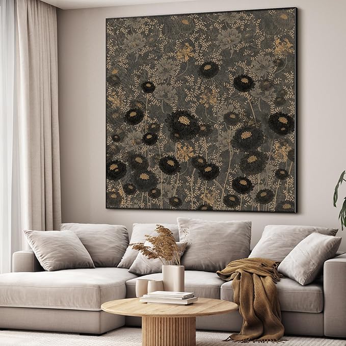46"x46" XL Framed Wall ArtVintage Floral Pattern Dark Botanical Print with Gold Accents (Frame Assembly Required)