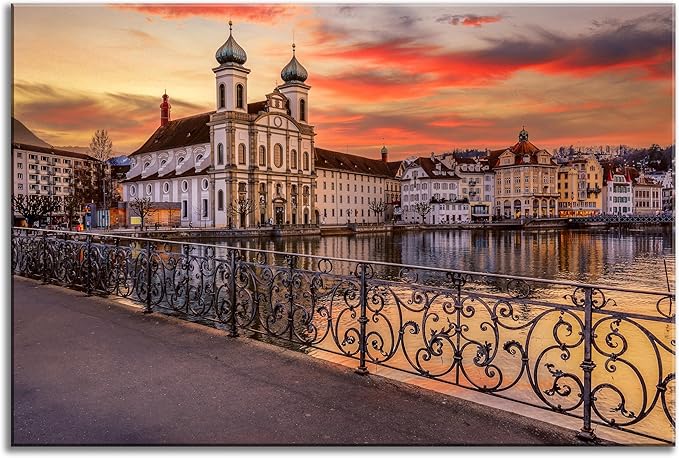 Mordern 1Pcs European Cityscape Canvas Wall Art Scenic Sunset Over River Cathedral with Domes Ready to Hang Architecture Romantic Travel Destination Decorative Framed Artwork for Living Rooms Bedrooms