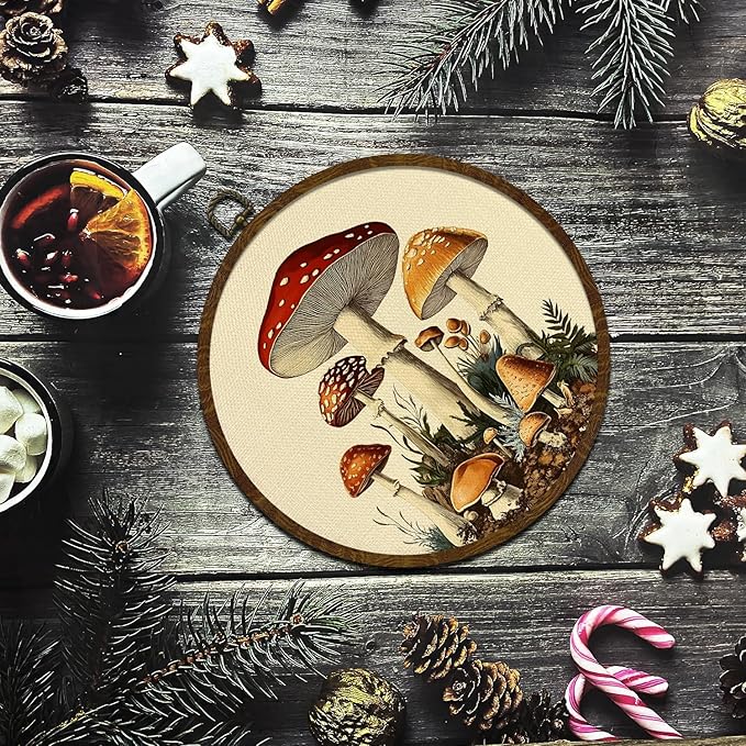 KLYTINK Vintage Fantasy Mushroom Wall Art, Round Canvas Wall Hanging Decor, Fantasy Forest Botanical Illustration, for Living Room,Bedroom,office 10x10 Inch(MG03)