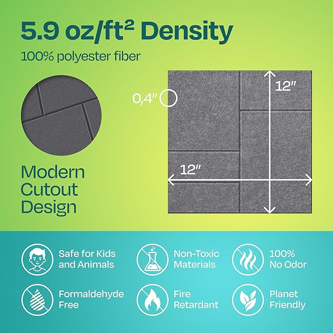 Acoustic Panels 12-Pack Soundproof Wall Panels 12"x12"x0.4" Decorative Sound Dampening for Your Home, Office, Studio, Bedroom & More with Unique GridFrame Carving [Pebble Gray]