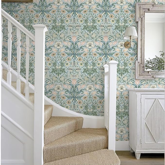 17.3"x118" Peel and Stick Wallpaper Floral Contact Paper Blue Background Pink Pomegranate Flower Wallpaper Self Adhesive Wall Paper Removable Modern Wallpaper for Living Room Funiture Decor