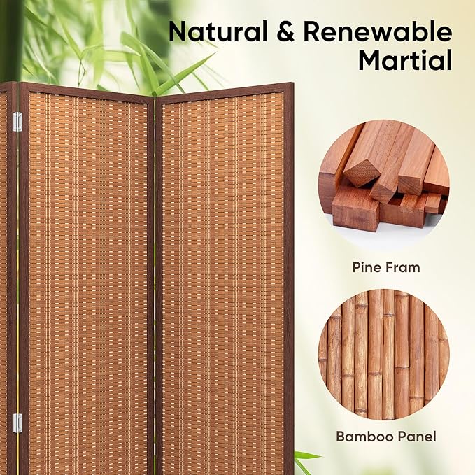 JOSTYLE 6 Panel Folding Privacy Screens 6ft Bamboo Freestanding Room Dividers, 70.9" H x 118" W