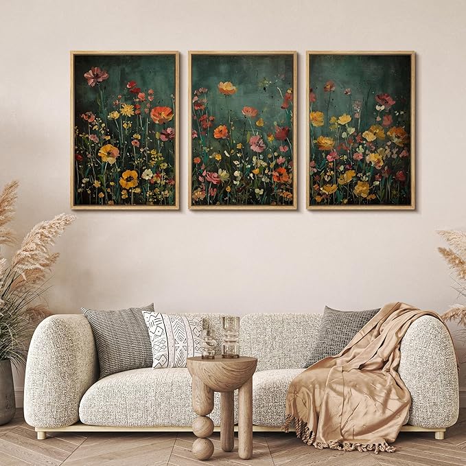 MUDECOR Framed Wall Art Print Set Vintage Wildflower Meadow with Colorful Blooms Illustrations Modern Art Boho Decorative Colorful Chic for Living Room, Bedroom, Office - 16"x24"x3 Natural