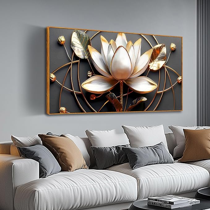 Lotus Flower Wall Art for Bedroom, Floral Canvas Wall Decor for Living Room, Black White and Gold Picture Print, Size 48 x 24 Inches Framed