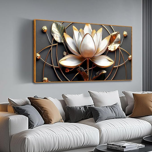 Lotus Flower Wall Art for Bedroom, Floral Canvas Wall Decor for Living Room, Black White and Gold Picture Print, Size 48 x 24 Inches Framed