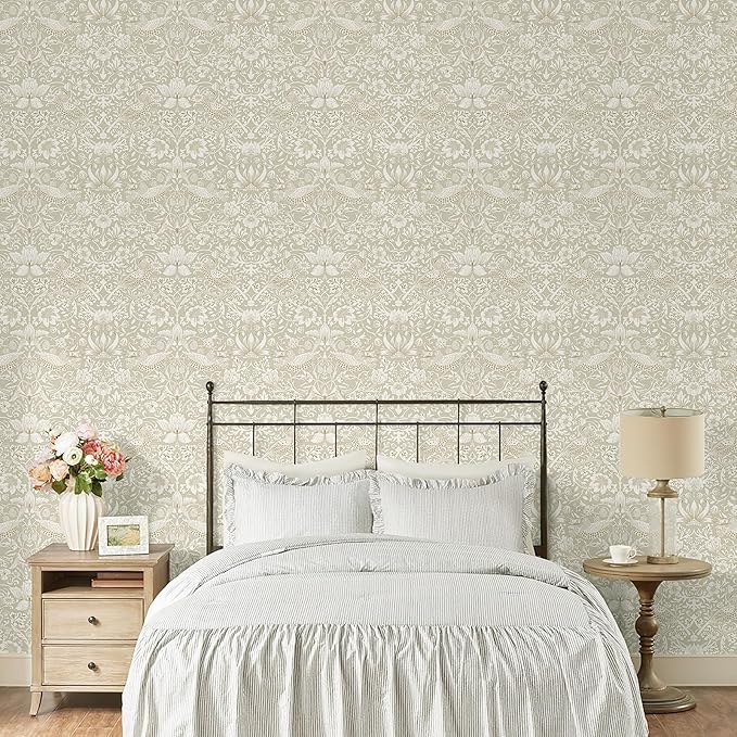 17.7x394in Vintage Floral Wallpaper Peel and Stick William Morris Wallpaper Neutral Strawberry Bird Botanical Self Adhesive Removable Waterproof Contact Paper for Living Room Bedroom Bathroom