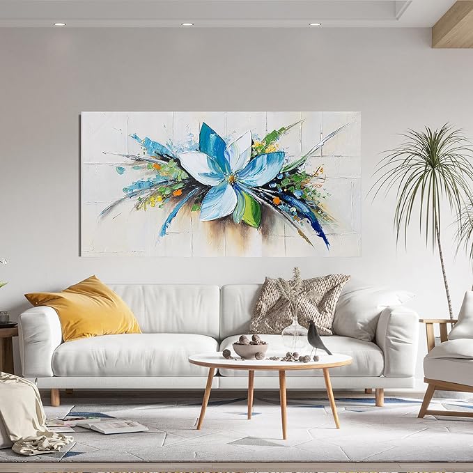 Canvas Wall Art Decor Large Wall Art Pictures for Living Room Canvas Art Wall Decor Blue Floral Wall Art Decor Modern Art Work for Walls Flower Wall Art Prints Bedroom Office Wall Decor 24" X 48"