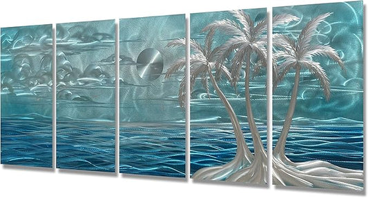 BATRENDY ARTS Modern Beach Metal Wall Art Decor 3D Silver Coconut Palm on the Shores of Hawaii Blue Coast Hanging Sculptures Outdoor or Indoor Tree Decorations