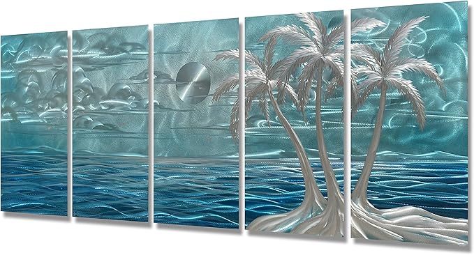 BATRENDY ARTS Blue Metal Tree Wall Art Silver Coconut Palm by the Sea Hand-polished Tropical Artwork Accent Contemporary Bedroom Decor Hangings