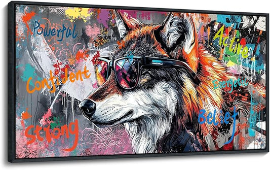 JEAWA Framed Canvas Wall Art - 20x40 In Abstract Painting Decor, Inspirational Graffiti Wolf Pictures, Modern Street Art Prints for Bedroom Living Room Bathroom Home Decoration