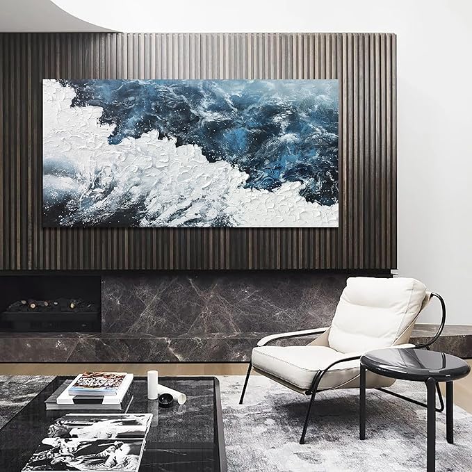 Abstract Wall Art Decor Abstract Canvas Wall Pictures for Living Room Large Blue White Wall Art Prints Beach Wave Artwork for Walls Coastal Modern Wall Art Decorations Home Office Wall Art Decor 24" X 48"