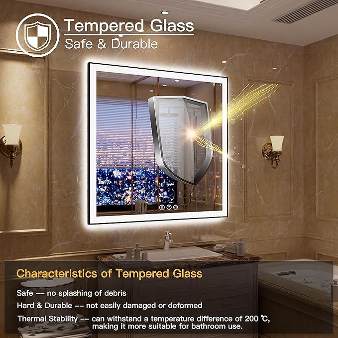 36x36 LED Vanity Mirror for Bathroom - Square Framed Dimmable Illuminated Mirror with Backlit and Front Light, Anti-Fog, Shatterproof, Memory, 3 Colors (Horizontal/Vertical)