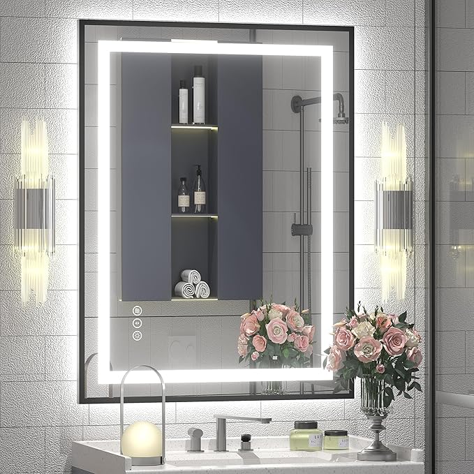 24x30 Framed LED Lighted Bathroom Mirror, Dimmable Vanity Mirror with Lights, Backlit and Front Lighted Mirror for Wall, Anti-Fog, Memory (Horizontal/Vertical)