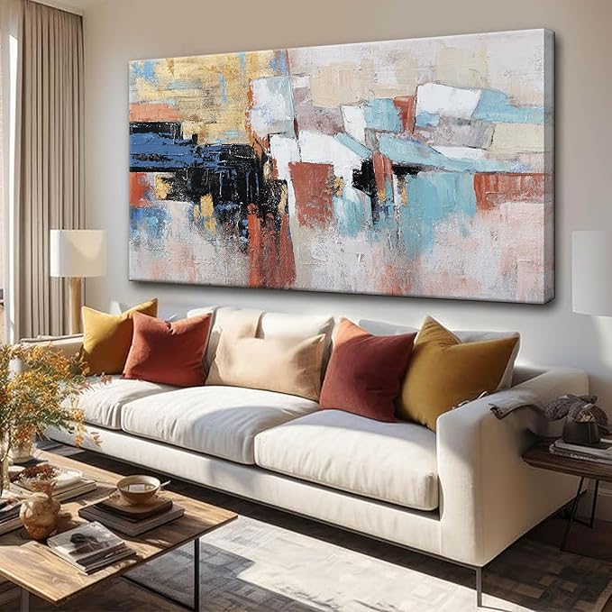 KUPTEU Canvas Wall Art Decor Large Wall Art For Living Room Abstract Art Blue Gold Wall Art Decor Large Canvas Art Work Colorful Abstract Wall Art Prints For Bedroom Office Kitchen Wall Decor 29"x58"