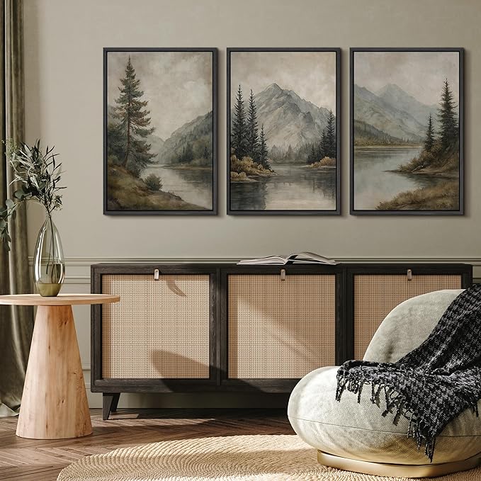 MUDECOR Framed Wall Art Print Set Mountain Landscape Nature with Trees, Lake, and Mountains, Rustic Illustrations Modern Art Decorative Colorful for Living Room, Bedroom, Office - 24"x36"x3 Black