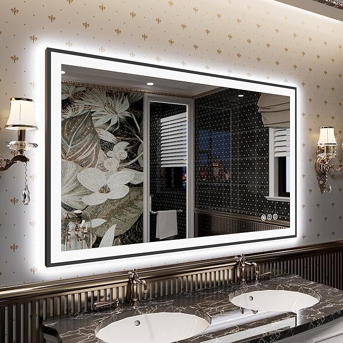 LED Bathroom Mirror 48x30 with Backlit and Front Lighted, Framed Dimmable Illuminated Mirror for Wall Anti-Fog Shatterproof (Horizontal/Vertical)