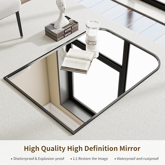 Black Wall Mounted Bathroom Mirror - 36 x 24 Inch Round Cruved Top Right Angle Bottom Wall Mirror, Aluminum Metal Framed, Decor for Living Room, Bedroom, Fireplace, Mantle, Entryway