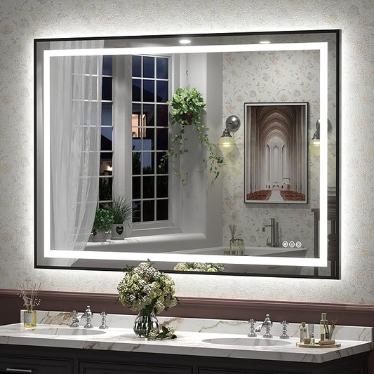 50x36 Framed LED Bathroom Mirror, Large Dimmable Vanity Mirror with Lights, Backlit and Front Lighted Mirror for Wall, Anti-Fog, Shatter-Proof, Memory(Vertical/Horizontal)