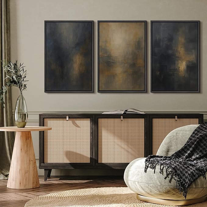 MUDECOR Framed Wall Art Print Set Dark Abstract Modern Contemporary in Navy Blue and Gold Brushstrokes Illustrations Modern Art Decorative Colorful for Living Room, Bedroom, Office - 24"x36"x3 Black