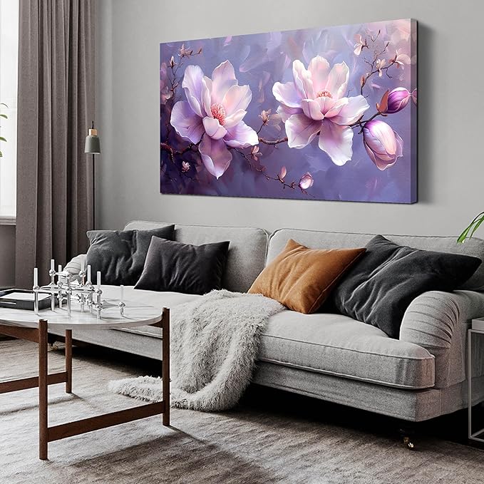 ANCXWOTER Botanical Wall Art Pink Purple Flower Artwork Modern Floral Canvas Prints for Living Room Bedroom Office Kitchen 24"x48"