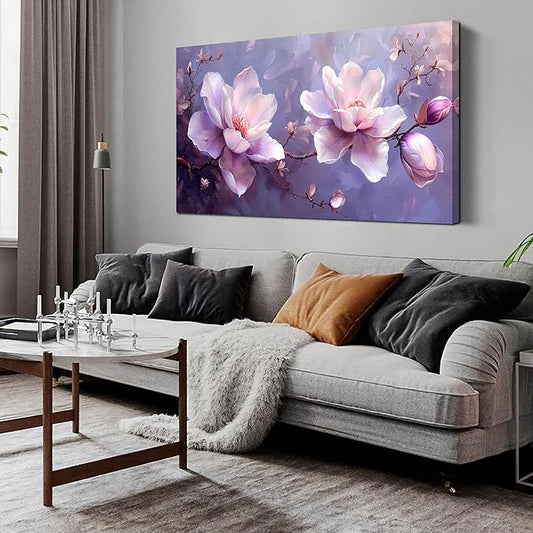 ANCXWOTER Botanical Wall Art Pink Purple Flower Artwork Modern Floral Canvas Prints for Living Room Bedroom Office Kitchen 24"x48"