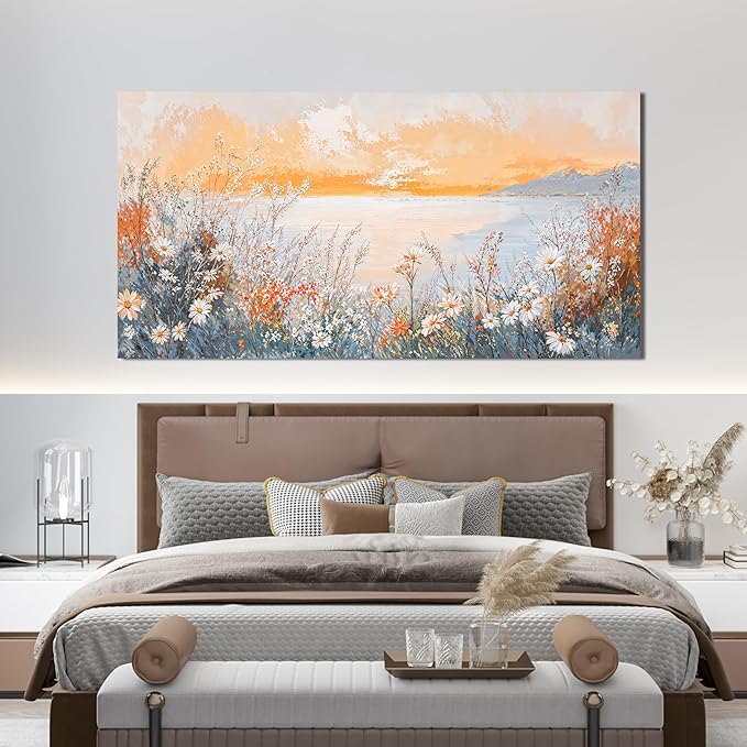 Canvas Wall Art Decor Wall Art Pictures for Living Room Artwork for Walls Large Coastal Beach Wall Art Prints Canvas Art Wall Decor Vintage Wildflower Wall Art Decorations Bedroom Home Decor 24"X48"