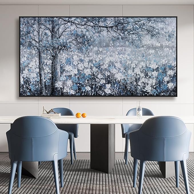 Canvas Wall Art Frame for Modern Living Room 29x58 Inches - Large Elegant Blue and White Tree Flower Landscape Picture Artwork for Bedroom, Dining Room, Home Office Decor