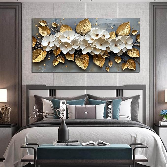 CANEITO Flower Wall Art for Living Room, White Plum Blossom and Golden Leaves Wall-Decor for Bedroom, Natural Canvas Prints Pictures for Hallway Office, Large Size 59x29 Inches