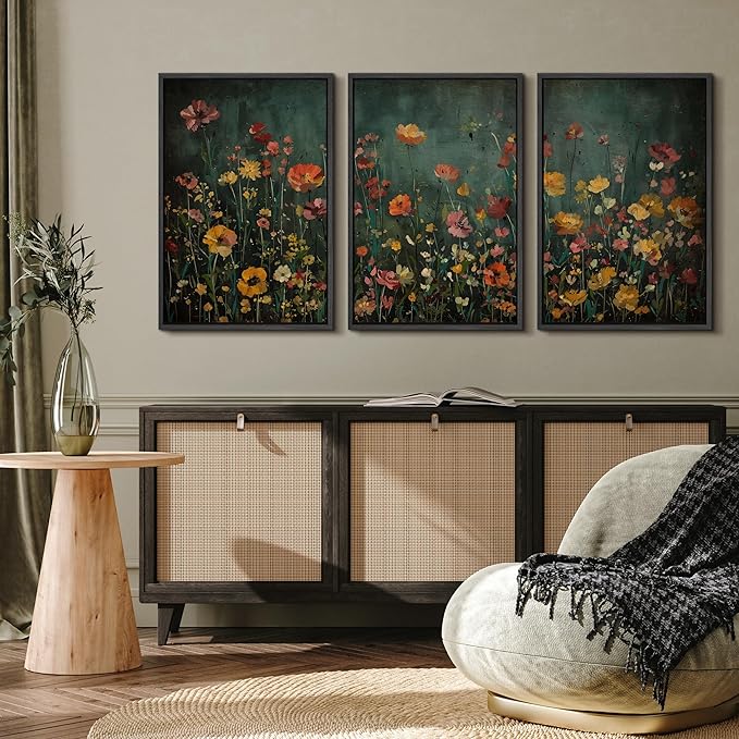 MUDECOR Framed Wall Art Print Set Vintage Wildflower Meadow with Colorful Blooms Illustrations Modern Art Boho Decorative Colorful Chic for Living Room, Bedroom, Office - 16"x24"x3 Black