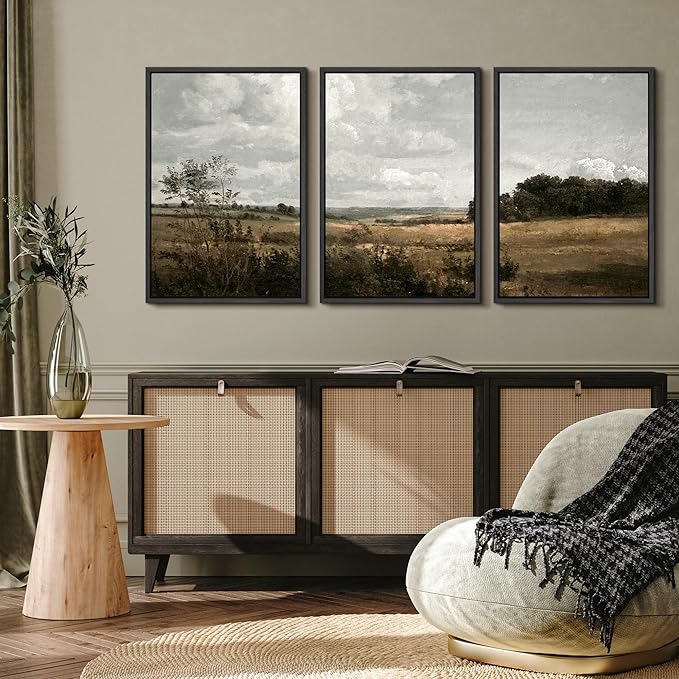 MUDECOR Framed Canvas Print Wall Art Rustic Fields Tranquil Countryside Landscape Nature Wilderness Illustrations Realism Decorative Panoramic Earth for Living Room, Bedroom, Office - 16"x24"x3 Black